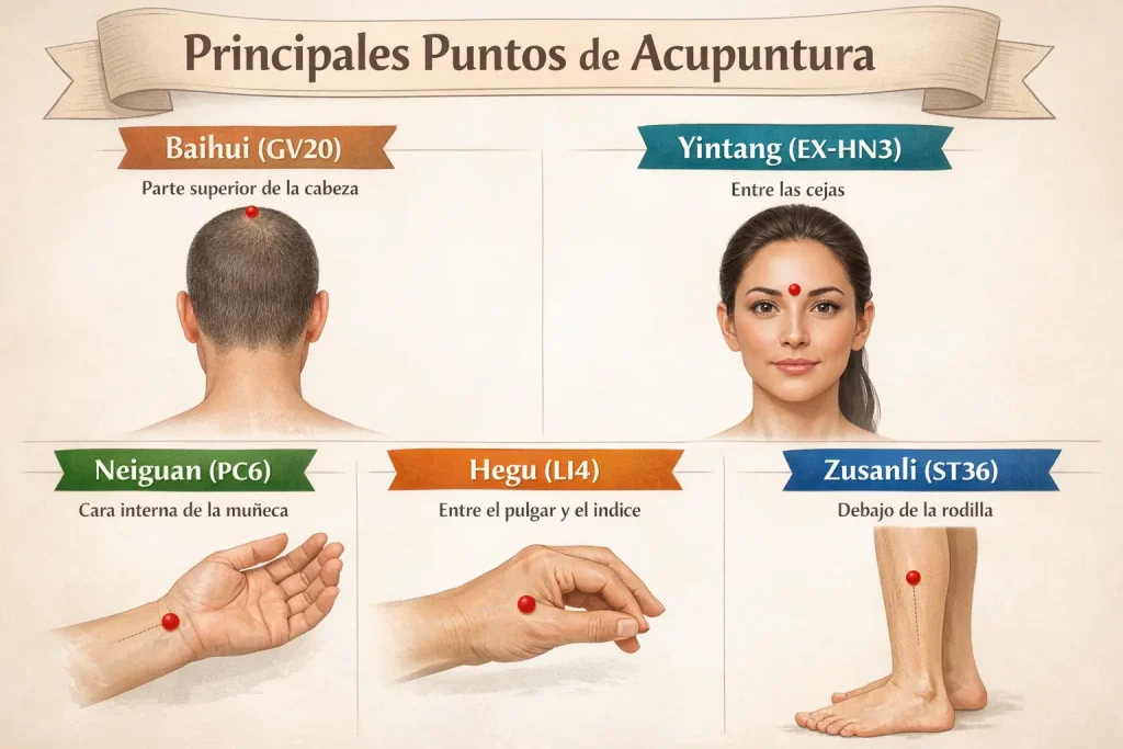 Infografía de puntos de acupuntura en el cuerpo humano mostrando la localización de Baihui, Yintang, Neiguan, Hegu y Zusanli en cabeza, manos y piernas